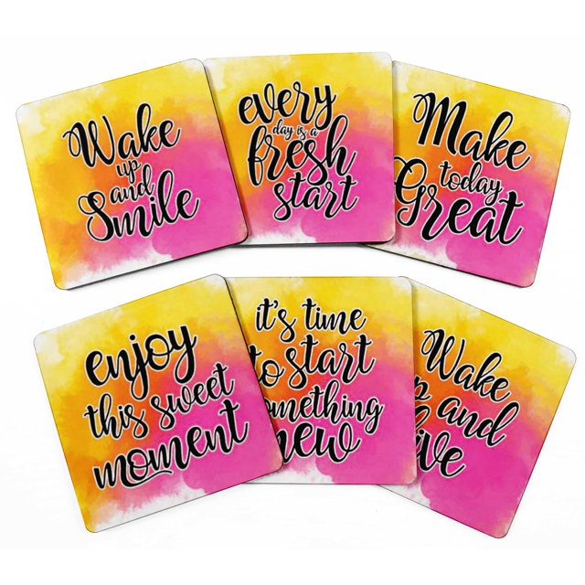 Inkdotpot Set of 6 Drink Coasters Easy Clean 4-inch SquareCoastersCork Base-Reusable- Quotes