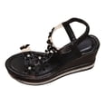 thumbnail image 6 of Rokment Glitter Crystal Flowers Platform Wedge Sandals for Women Sparkly Rhinestones Elegant Chunky High Heels Elastic Ankle Strap Bride Wedding Dress Summer Shoes Beach Black Size 6, 6 of 7