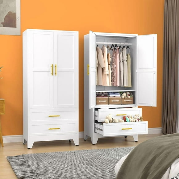 EROSOEI Metal Freestanding Armoire Wardrobe Clost With Hanging Rod and Drawers