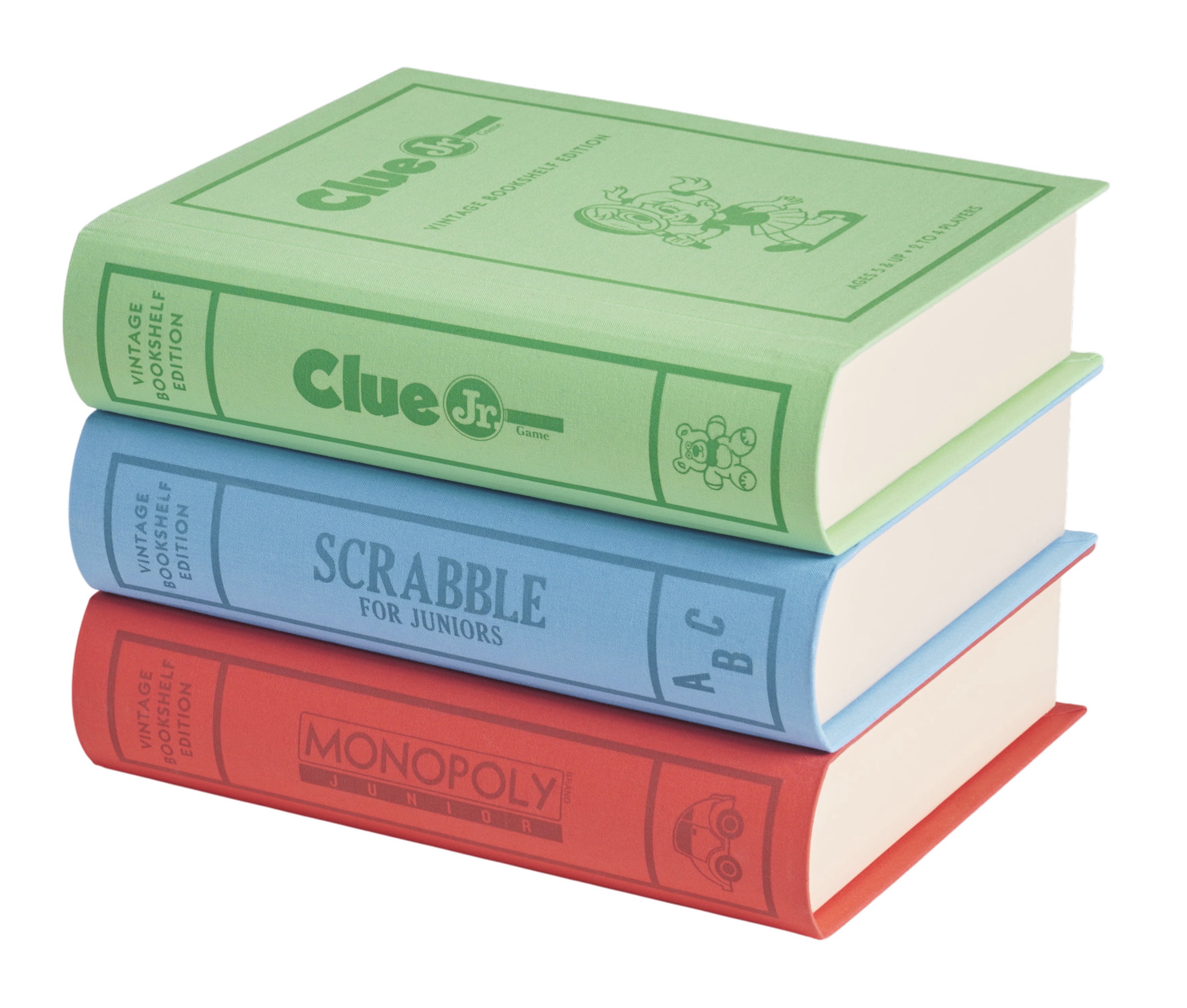 WS Game Company Junior Vintage Bookshelf Edition 3-Pack Bundle – Monopoly Junior, Scrabble for Juniors, and Clue Jr. – Premium Fabric Wrapped Book Storage - Board Games for Kids Ages 5+
