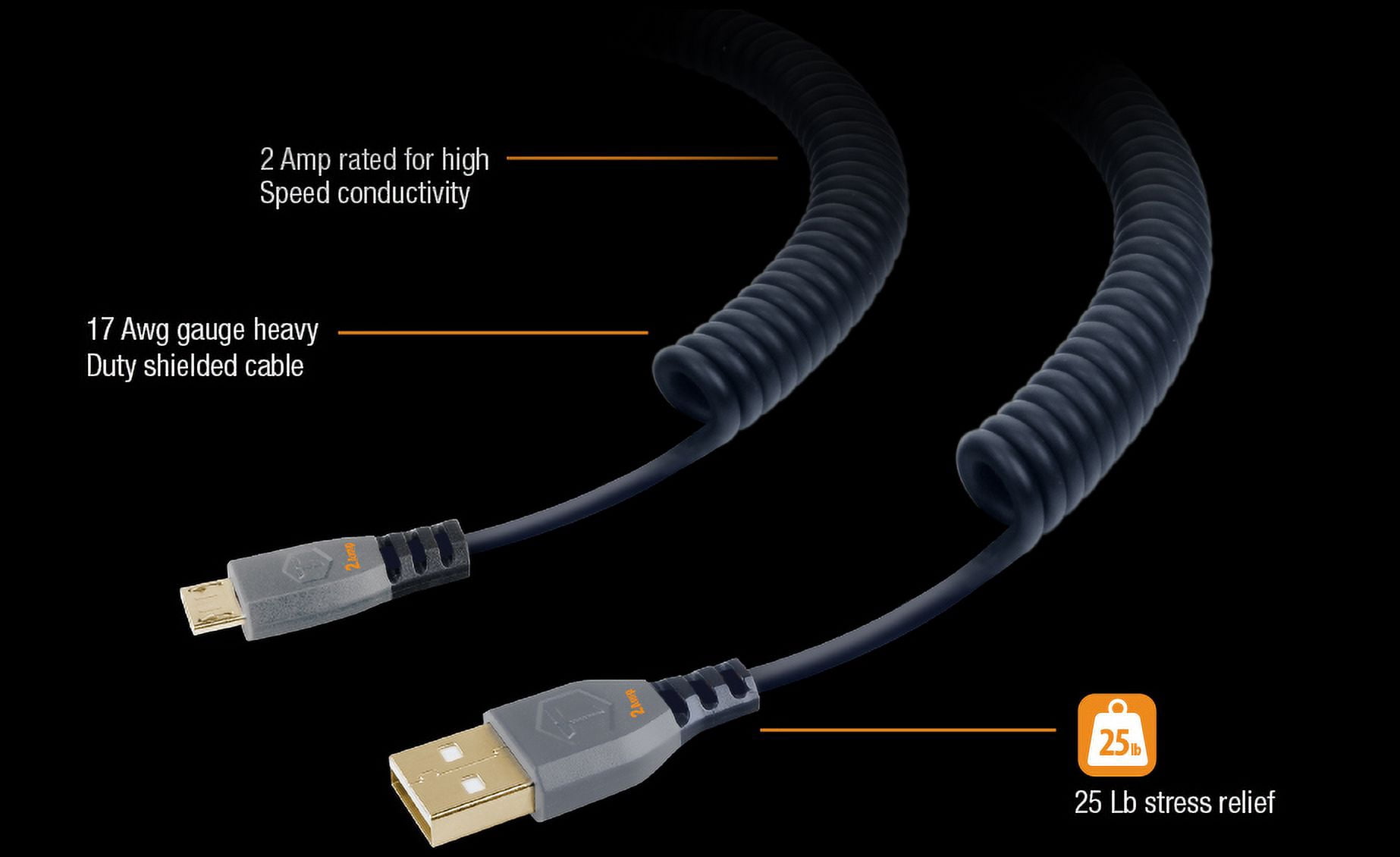 ToughTested Heavy Duty Coiled 2 AMP Micro USB Cable, 10'