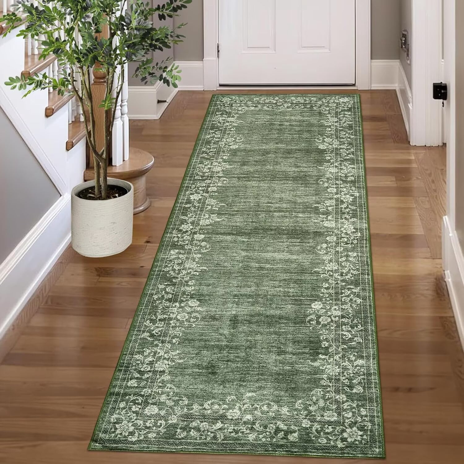 GlowSol 2'x6' Hallway Runner Rug Modern Floral Border Runners Rug Low Pile Non Slip Bedroom Rug Soft Accent Runner Rugs for Kitchen Laundry, Green