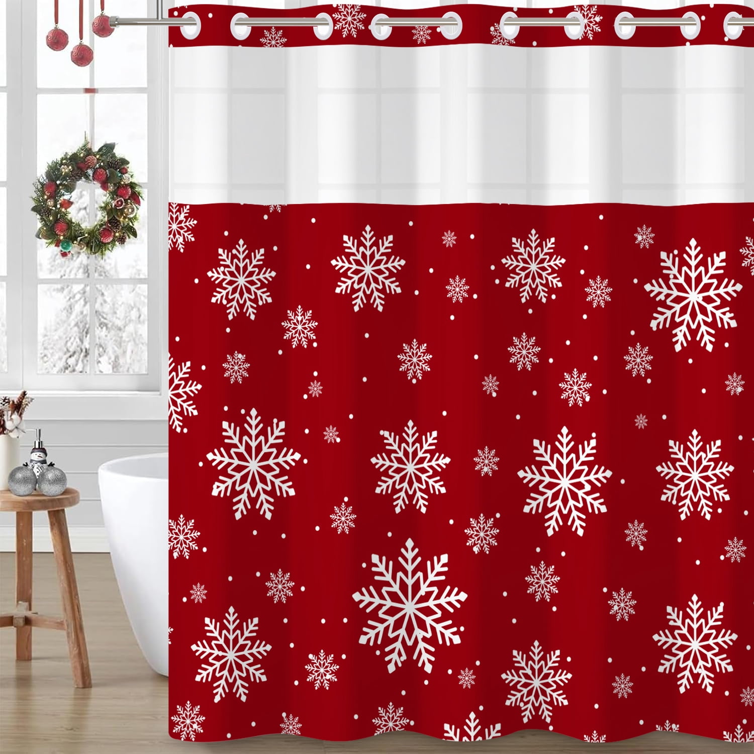 Mizhona White Snowflakes Hookless Shower Curtain with Snap in Liner，Red No Hooks Fabric Bath Curtain,71"× 74"