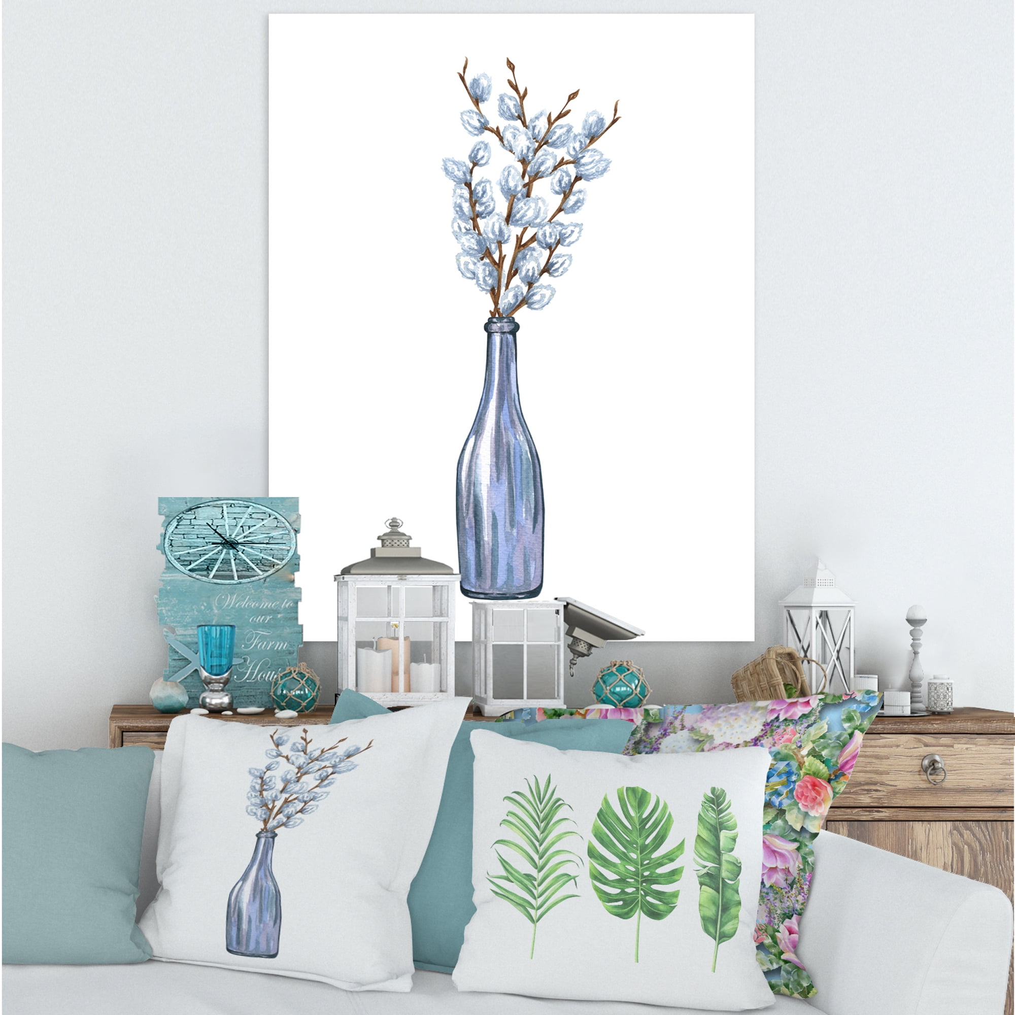 Designart ' Bunch of White Pussy Willow Twigs II ' Farmhouse Canvas Wall Art Print
