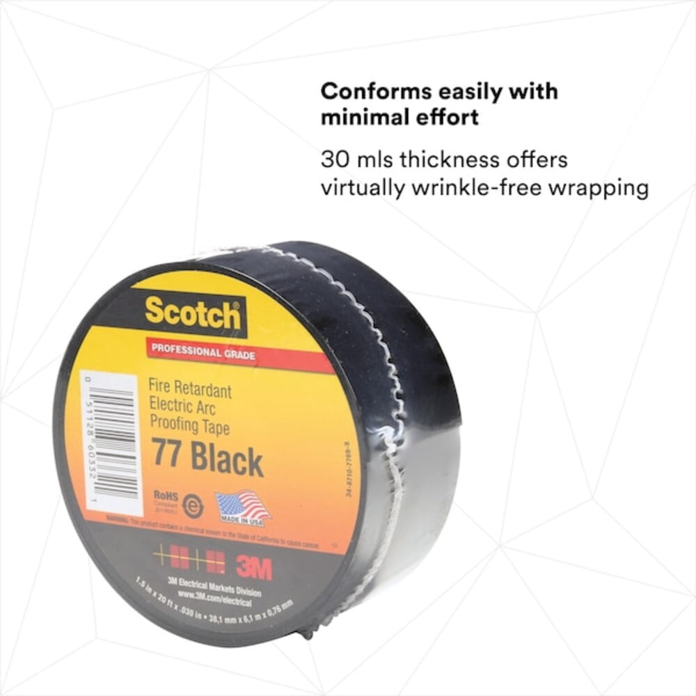 3m Electrical Tape, Black, 6-5/8 yd L, 1-1/2 in W 77BLACK-1-1/2X20FT