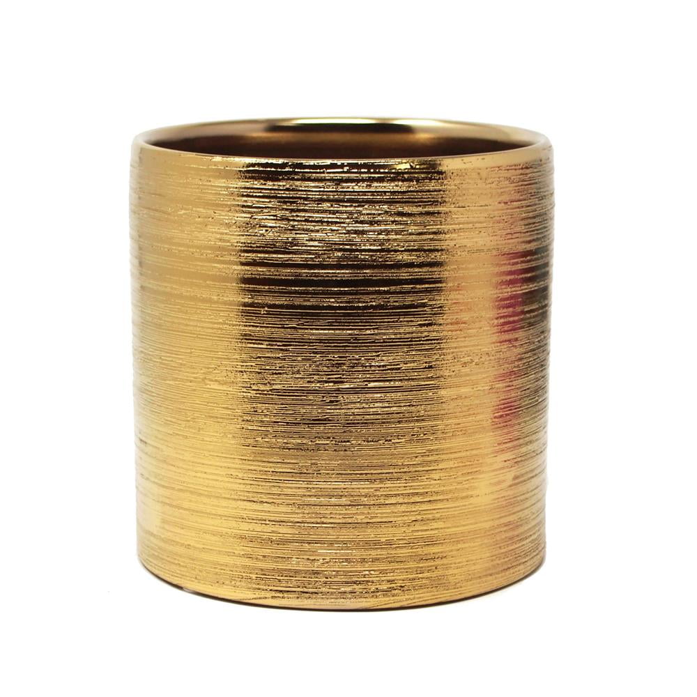 Gold 8-Inch Scratched Wide Round Cylinder Ceramic Pot