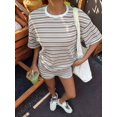 thumbnail image 3 of Womens Geometric Stripe Short Sleeve T-Shirt and Shorts Loungewear Set Khaki L, 3 of 8