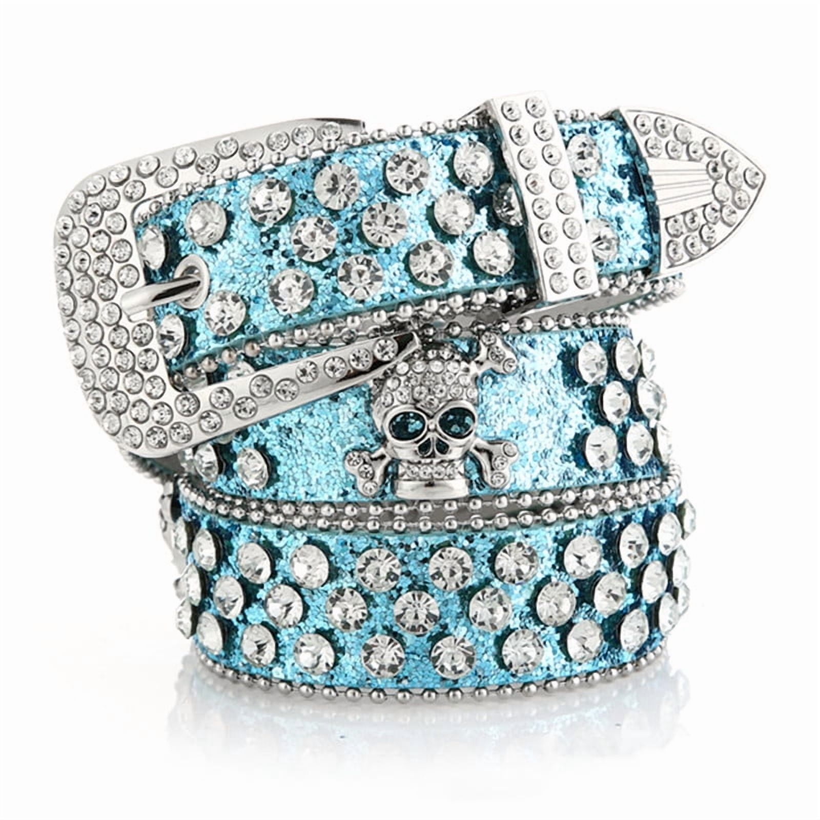 Rhinestone Belts for Women Men, Bling Studded Leather Skull  display picture 2
