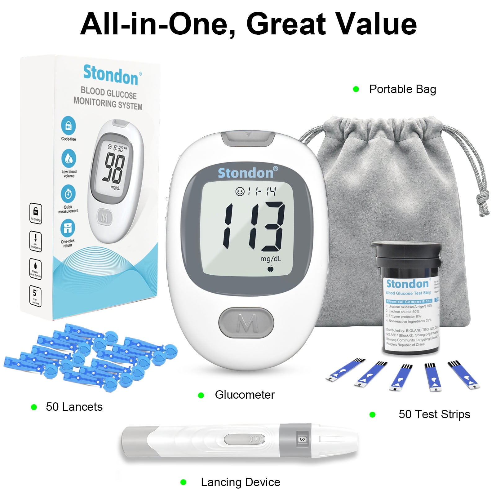 Stondon Blood Glucose Monitor Kit, Blood Sugar Testing Kit, 50 Glucometer Strips, 50 Lancets, Test Strips Blood Sugar Meter Glucometer，for people with diabetes