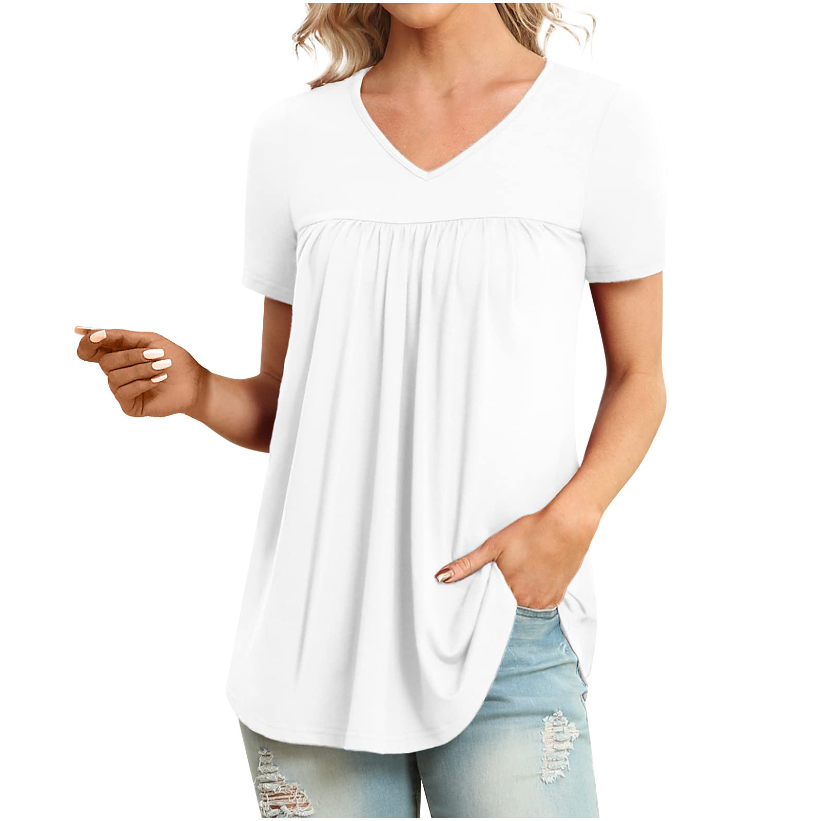 Timegard Womens Pleated VNeck Tops Hide Belly Short Sleeve TShirts