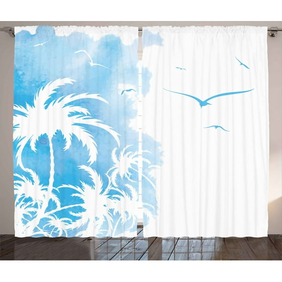 Ambesonne Watercolor Curtains 2 Panel Set, Palms Abstract Flying, 108" x 108", Sky Blue and White