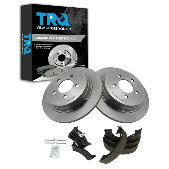 TRQ Rear Brake Pad & Rotor Kit Brake Pads Brake Rotor Parking Brake Shoe Set Ceramic Fits Select 2003 Ford Explorer Sport 2003-2005 Explorer Sport Trac