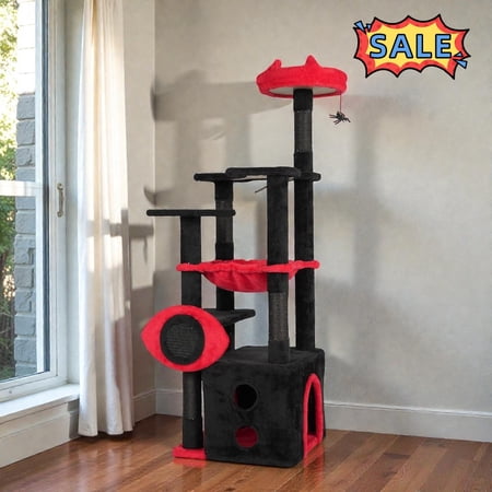 Tcbosik Cat Tree for Indoor Cats 53 inch Cat Tower with Condo Hammock and Padded Perch Halloween Cat House with Scratching Post and Hanging Toy Black & Red