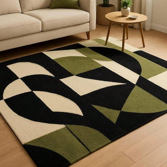 [Room Decor Rug]Carpet Rug Modern Geometric Black, Green, And Beige Accent Ca