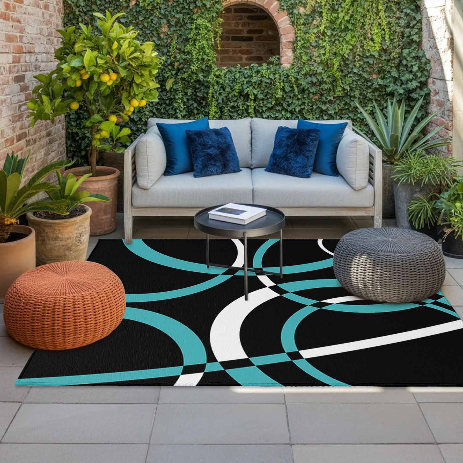 Turquoise Geometric Outdoor Rug for Patio/Deck/Porch, Non-Slip Large Area Rug 5 x 7 Ft, Modern Abstract Aesthetic Striped Art Indoor Outdoor Rugs Washable Area Rugs, Camping Rug Carpet Runner