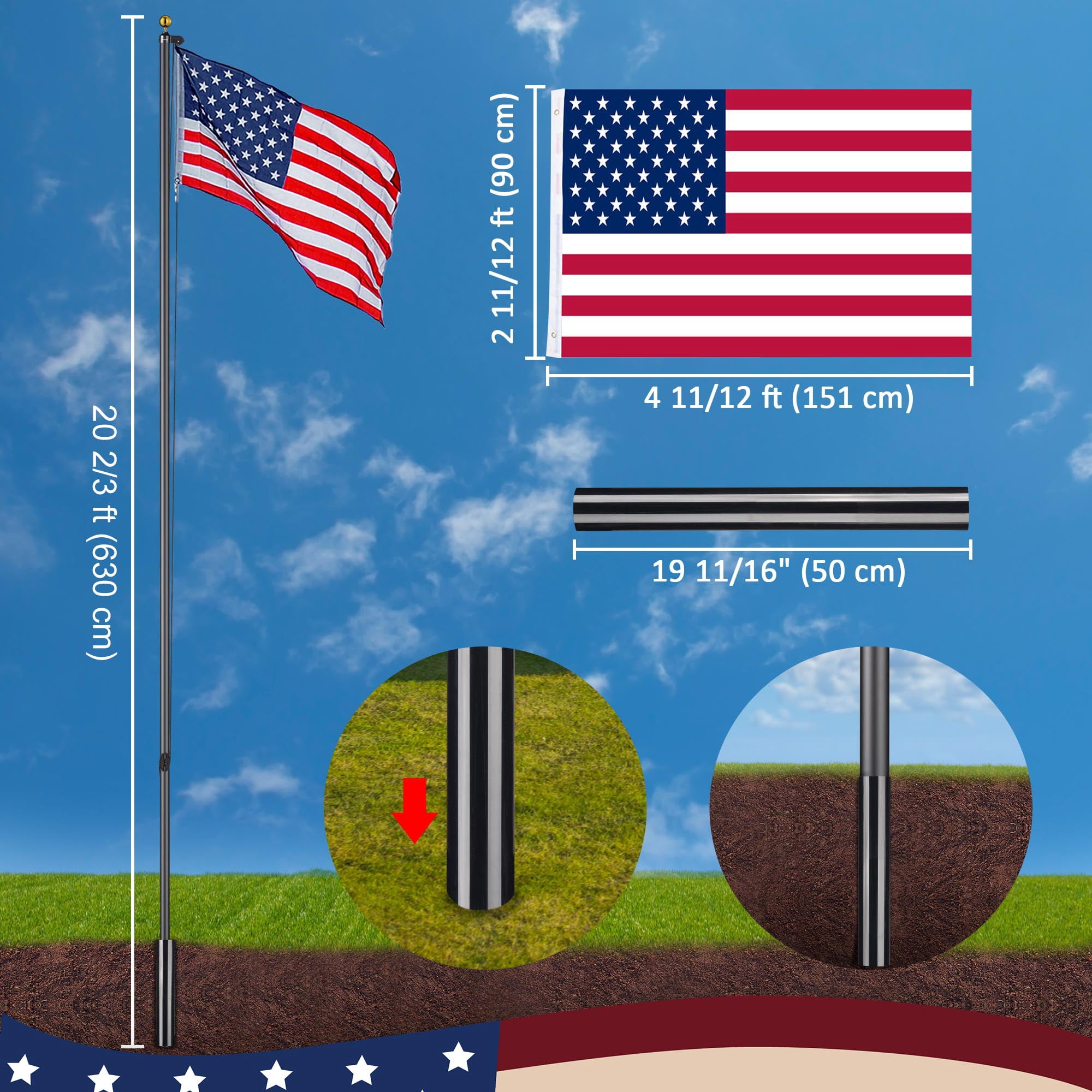 Yescom Bravery 20 Ft Aluminum Sectional Black Flagpole Kit 3'x5' US Flag Gold Ball Kit Hardware Outdoor Garden Halyard Pole