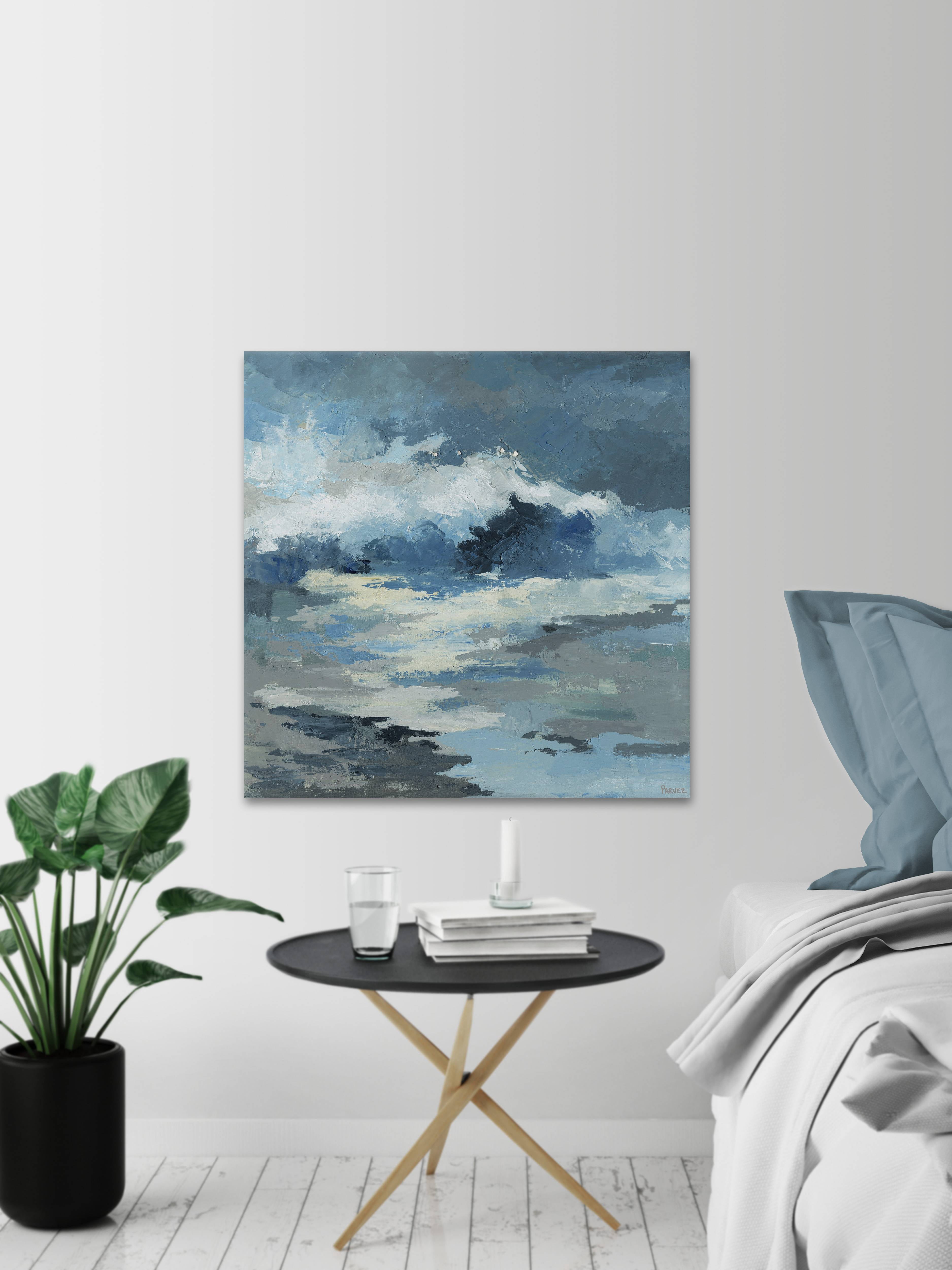 Parvez Taj "Camouflage Blue Waves" Painting Print on Wrapped Canvas