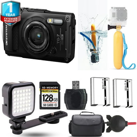 Olympus OM SYSTEM Tough TG-7 Digital Camera (Black) + Floating Hand Grip + Extra Battery + 1 Yr Warranty - 128GB Kit