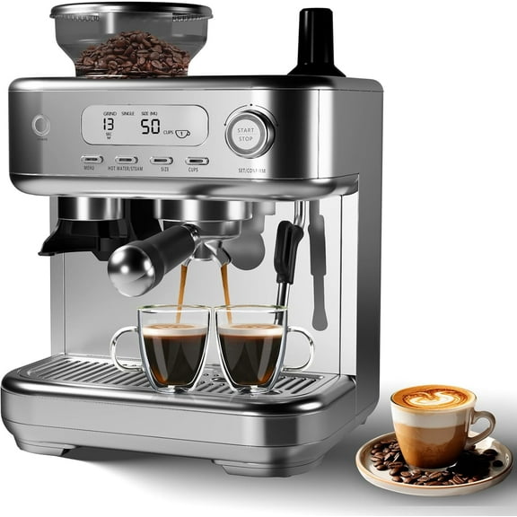 Machine à Espresso avec Broyeur, Combo Professionnel de Cafetière et Machine à Espresso, Machine à Espresso en Acier Inoxydable avec Buse Vapeur et Trousse de Barista pour Cappuccino Latte