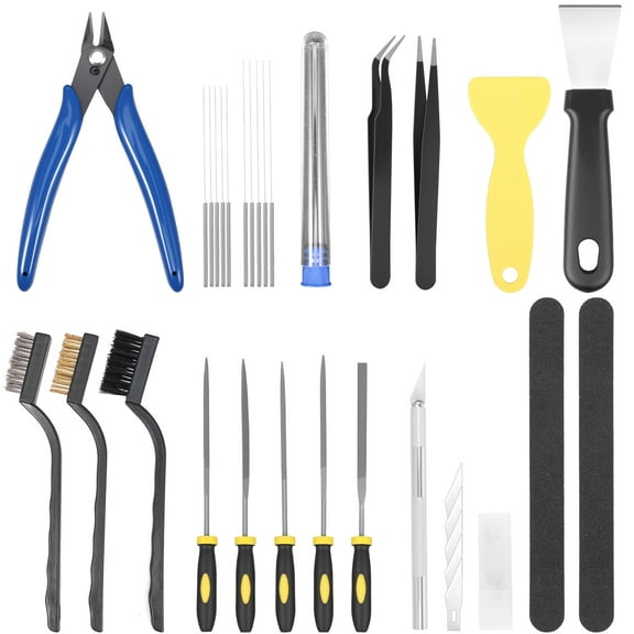 30Pcs 3D Printer Nozzle Cleaning Kit Multipurpose 3D Printer Nozzle Cleaner Accessory Set with Tweezers Needle Files Grinding Rod Brush for Removing Finishing