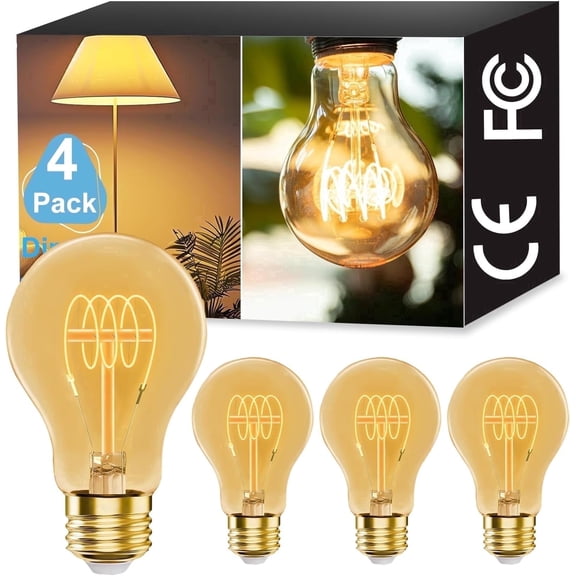 Ivyemons A19 Vintage Edison LED Filament Bulb, 4W (45W Equivalent), E26 Medium Base, 320LM 2200K Amber Warm Light, 4 Pack