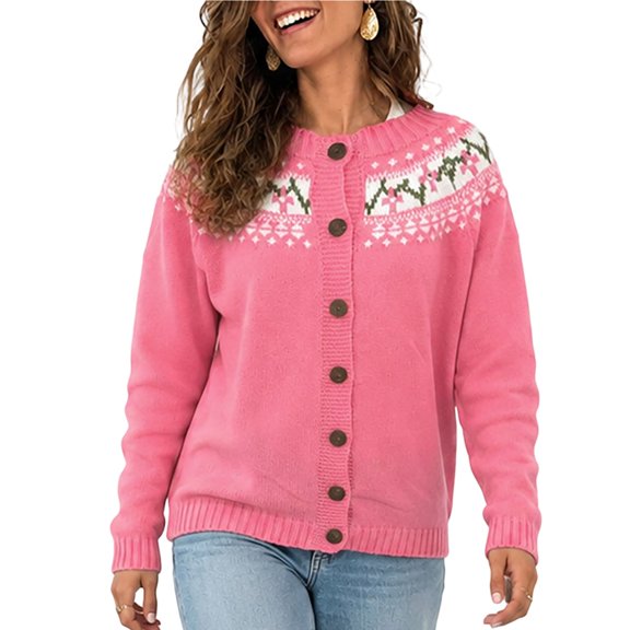 JUUNthy Cardigan Sweater for Womens, Long Sleeve Round Neck Button Front Vintage Warm Fashion Knit Outerwear Pink XL