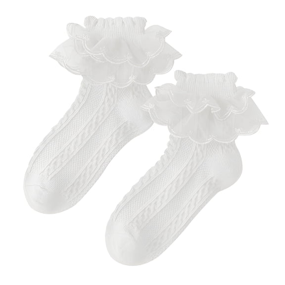 TELOLY Big Girls Lace Ruffled Comfy Ruffle Socks Girls Ruffle Socks Big Double Lace Turn Dress Socks Cute Lace Socks for Toddler and Kids, White 7-9 Years