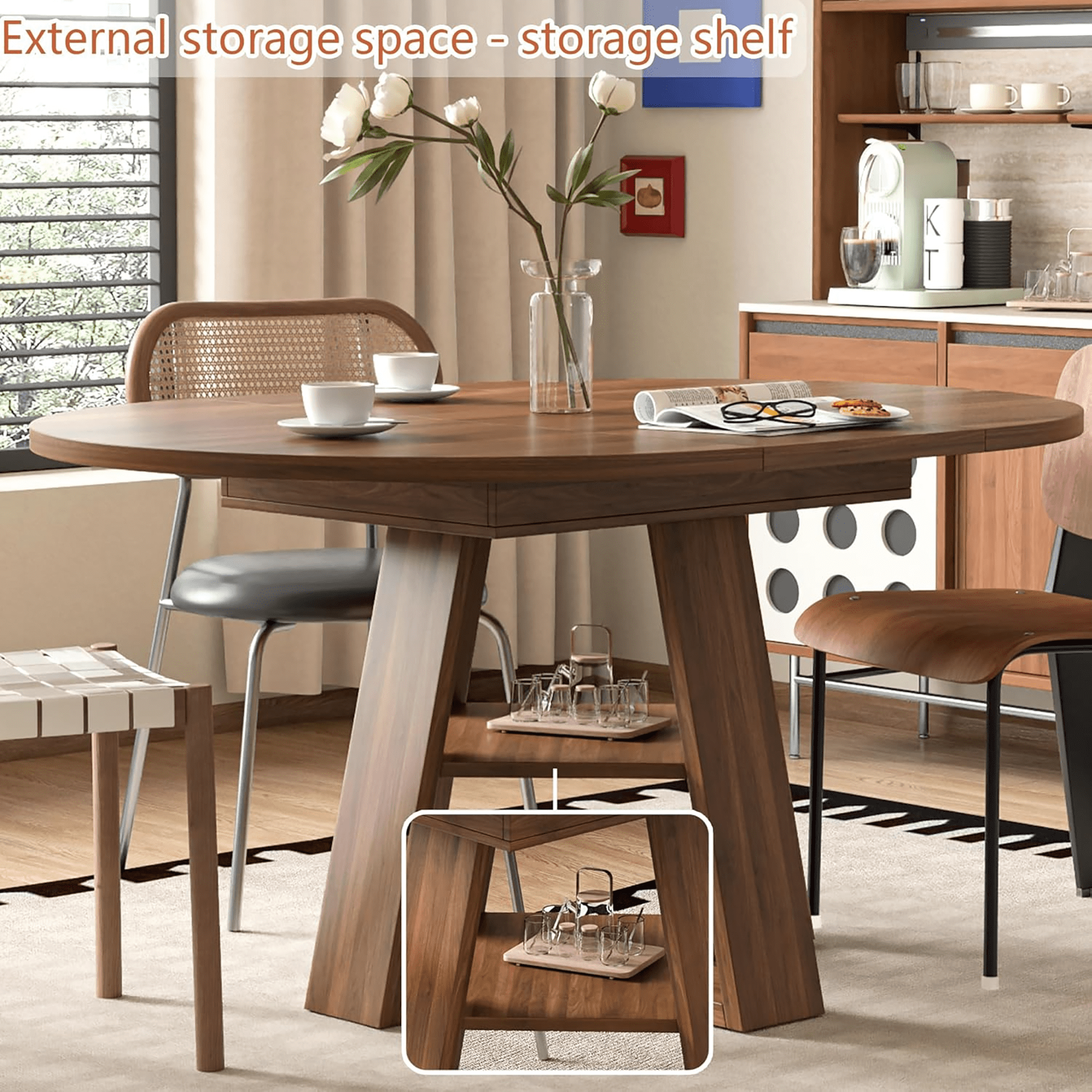43.3''-59'' Extendable Round Dining Table for 4-8, Mid Century Modern Wooden Round Table with Removable Leaves Space Saving, for Kitchen Living Room