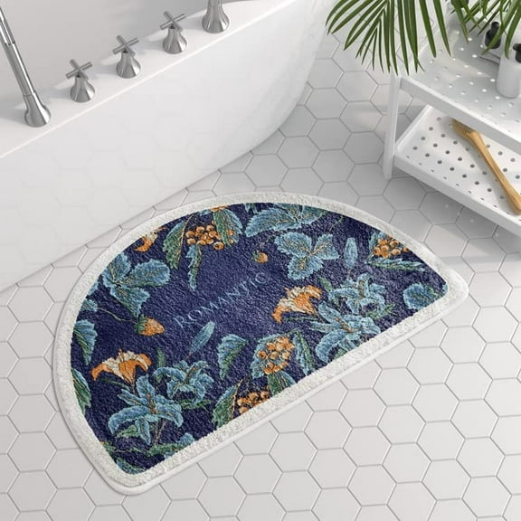 Blue Flower Plant Half Round Door Mat Half Circle Area Rug Doormat Home Decor Rug Front Welcome Entrance Way Mat for Indoor Outdoor Kitchen Bedroom 17x30 Inch
