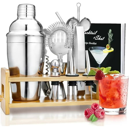 Cocktail Shaker Set Bartender Kit, 14Pcs 304 Stainless Steel Bartender Shaker Set, 550ml /19OZ Bar Tool Set with Bamboo Stand, for Home and Bar, The Best Gift Choice For Christmas.