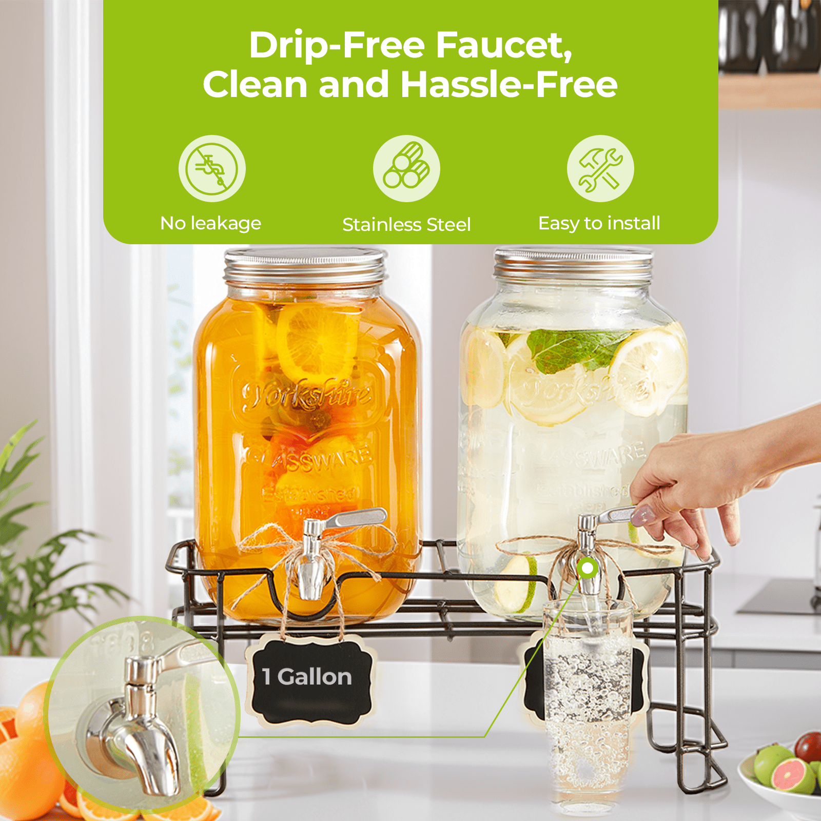 Beverage Dispenser, 2 Pack 1 Gallon Drink Dispensers for Parties, with Leakproof Stainless Steel Spigot, Stand, Infuser, for Christmas, BBQ, Picnic, Lemonade, Cocktails