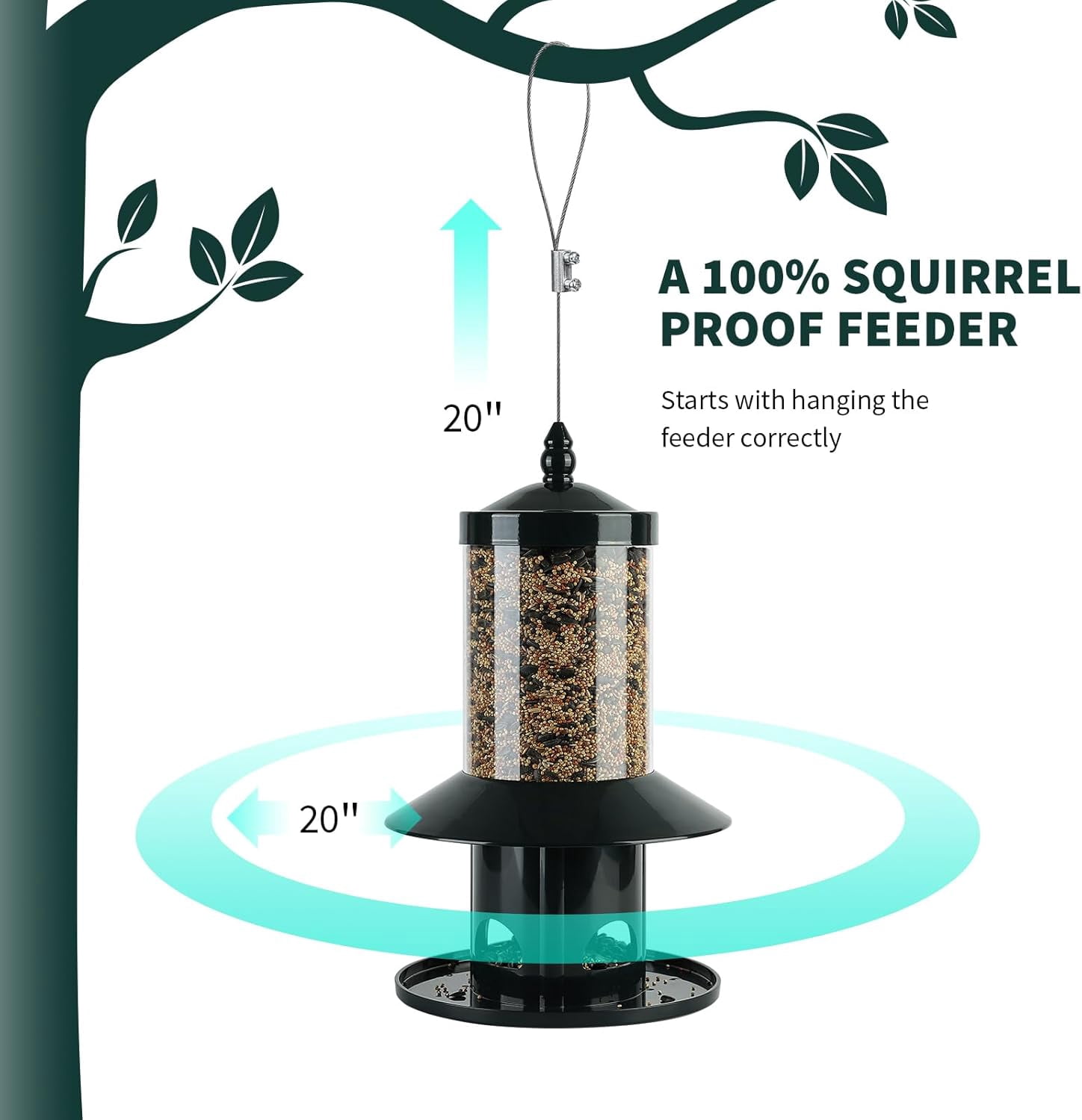 Squirrel Proof Bird Feeder for Outdoors, 360° Feeding Perch Tray with Rainproof Roof, Heavy Duty Wild Bird Seed Feeder for Hanging, Dark Green