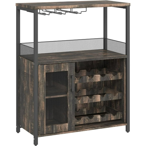 OUYAWEI 3-Tier Wine Bar Cabinet with LED Lights,Coffee Bar Cabinet with Adjustable Shelves,Mesh Door & Baffle,Small Liquor Cabinets with Wine Rack and Glass Holder for Home Kitchen,Burnt