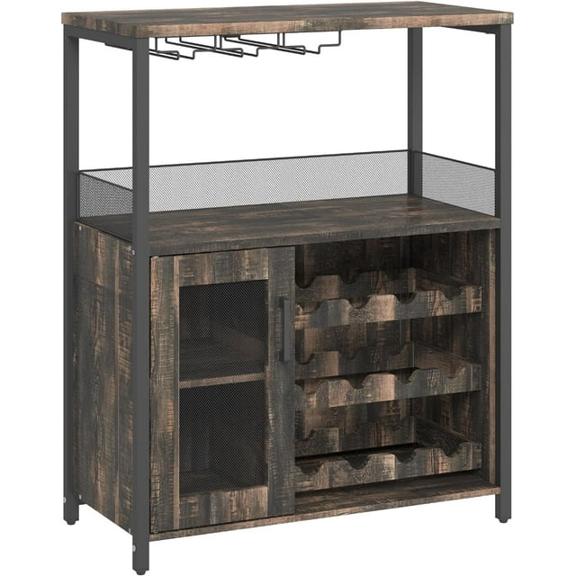 OUYAWEI 3-Tier Wine Bar Cabinet with LED Lights,Coffee Bar Cabinet with Adjustable Shelves,Mesh Door & Baffle,Small Liquor Cabinets with Wine Rack and Glass Holder for Home Kitchen,Burnt