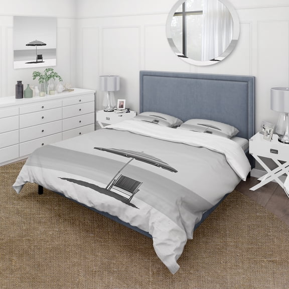 Designart "Black And White Simplicity Beach Photo II" Nautical & Beach Bedding Covert Set - Coastal Beach Grey Coastal Bed Set With 2 Shams
