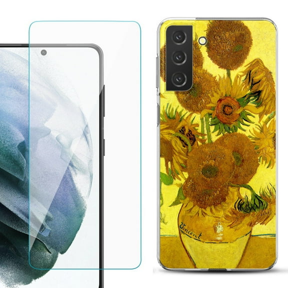 Slim-Fit TPU Fashion Phone Case for Samsung Galaxy S21 FE 5G Fan Edition, with Tempered Glass Screen Protector, by OneToughShield ® - Sunflower