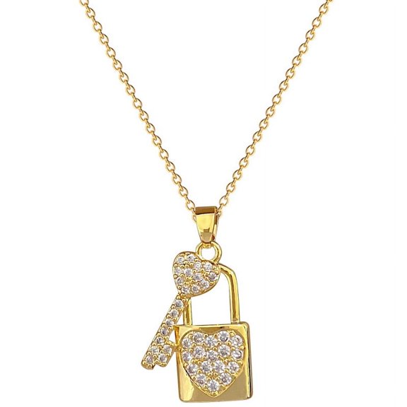 18K Gold Plated Jewelry - Lock & Key Pendant Necklace with Cubic Zirconia Stones - Elegant Handcrafted for Women -