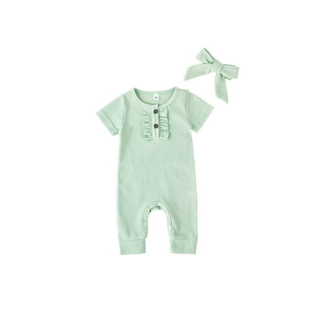 

ZIYIXIN Newborn Baby Girls Casual Short Sleeve Jumpsuit Overalls Solid Color Buttons Ruffle Romper with Headband Set Light Green 12-18 Months