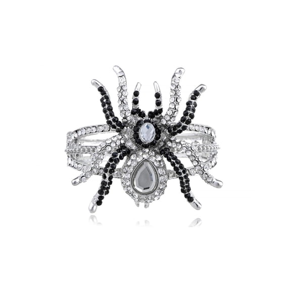Women's Silvery Toned Rhinestones Clear Black Spider Textured Halloween Bangle Bracelet