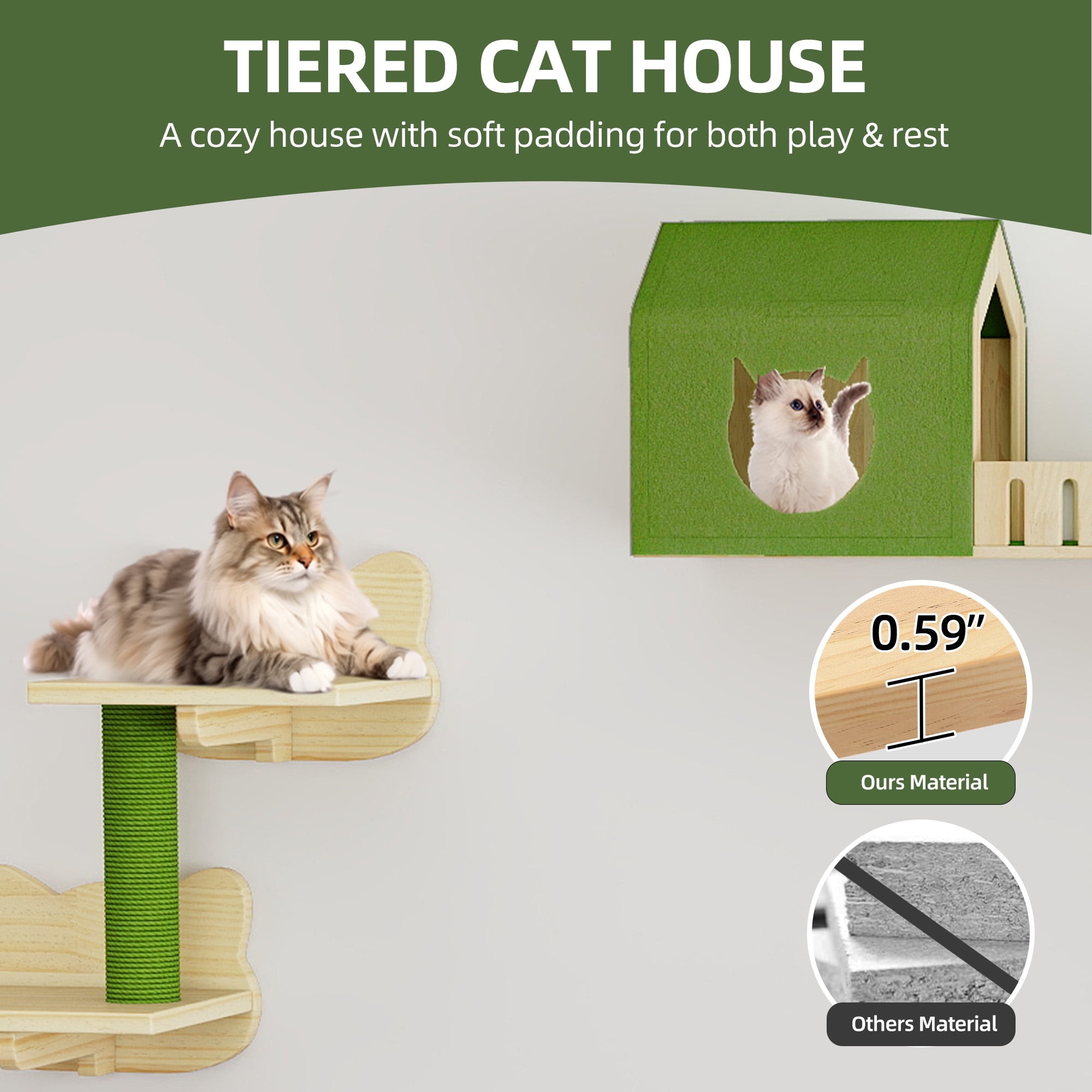 Uforic Cat Wall Shelves and Perches, Wooden Wall-Mounted Cat Furniture Set of 8 with House, 4 Perches, 2 Sisal Posts & Pom-Pom Toy for Indoor, Green & Wood
