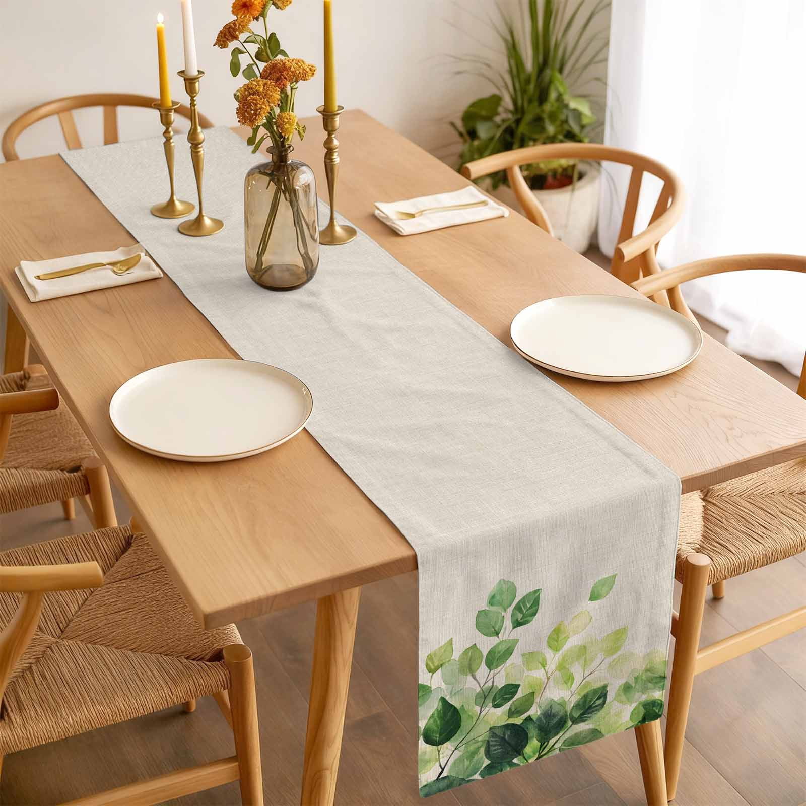 Spring Leaf Cotton Linen Table Runner Vintage Sage Green Eucalyptus Leaves Country Linen Texture Dining Table Runners for Home Decor Party Dining Room Restaurant Kitchen 13" x 108"