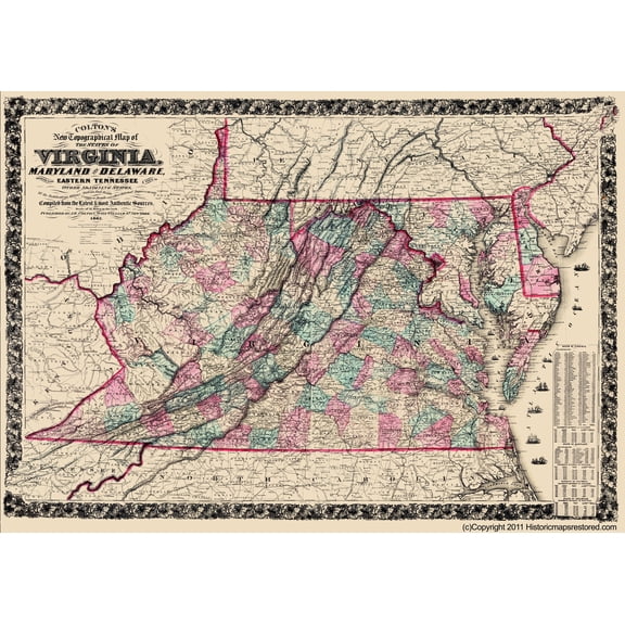 Historic State Map - Virginia Maryland Delaware - Colton 1862 - Vintage Wall Art