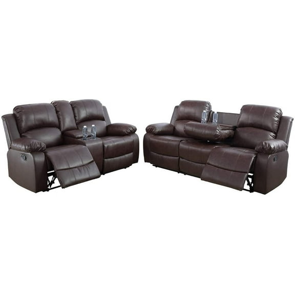 Pon Living Furniture Inc 2-Pcs Modern Bonded Leather Reclining Sofa Living Room Furniture Set, Brown