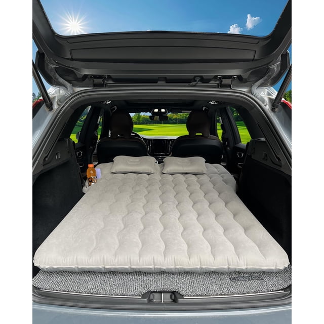 Canodoky SUV Air Mattress, Inflatable Car Mattress Bottle and Phone Holder Thickened Flocking & PVC Surface Car Bed with Electric Air Pump Travel Mattress for Car Camping Road Trip (Grey)
