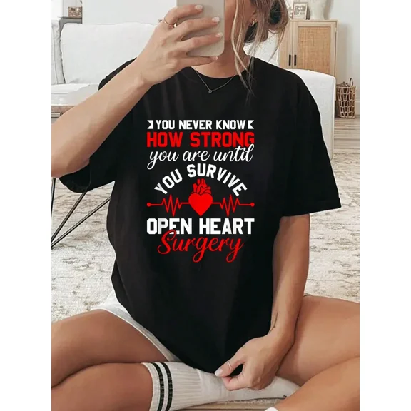 Open Heart Surgery Survivor Inspirational T-Shirt Heartbeat Graphic Recovery Gift for Women Black