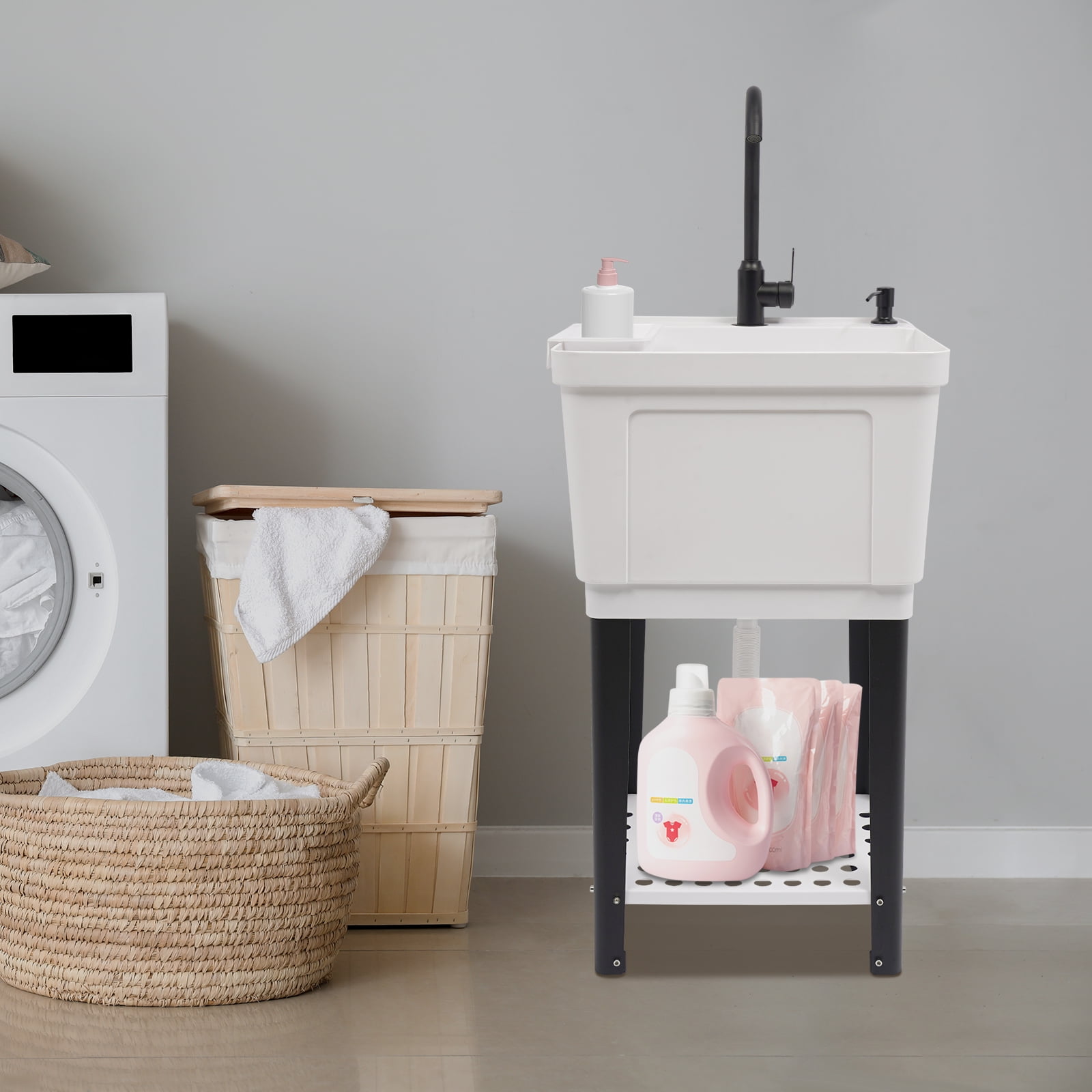 Freestanding Laundry Sink with Faucet, White Utility Sink With Soap Dispenser & Bottom Storage Rack, for Laundry Room Balcony, Garage & Pet Bathing