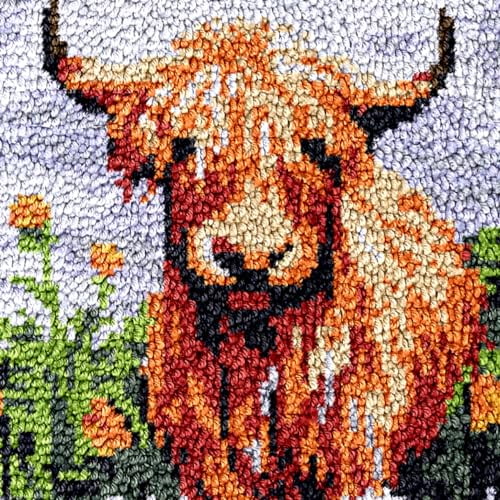 Brown Scottish Highland Cow Latch Hook Rug Kit for Adults Carpet Chair Cushion with Printed Canvas Crochet Yarn Craft DIY Handmade Tapestry for Stools Decoration Pets Warm Pads 40x40cm