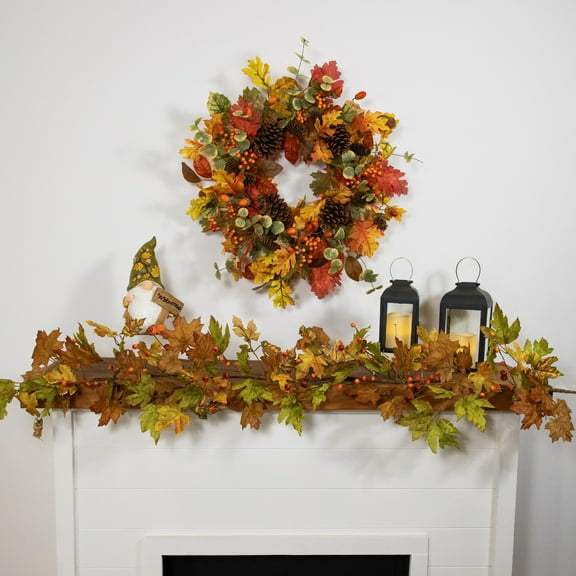 Northlight Maple Leaves and Berries Artificial Fall Harvest Garland - 5' x 8" - Brown and Orange