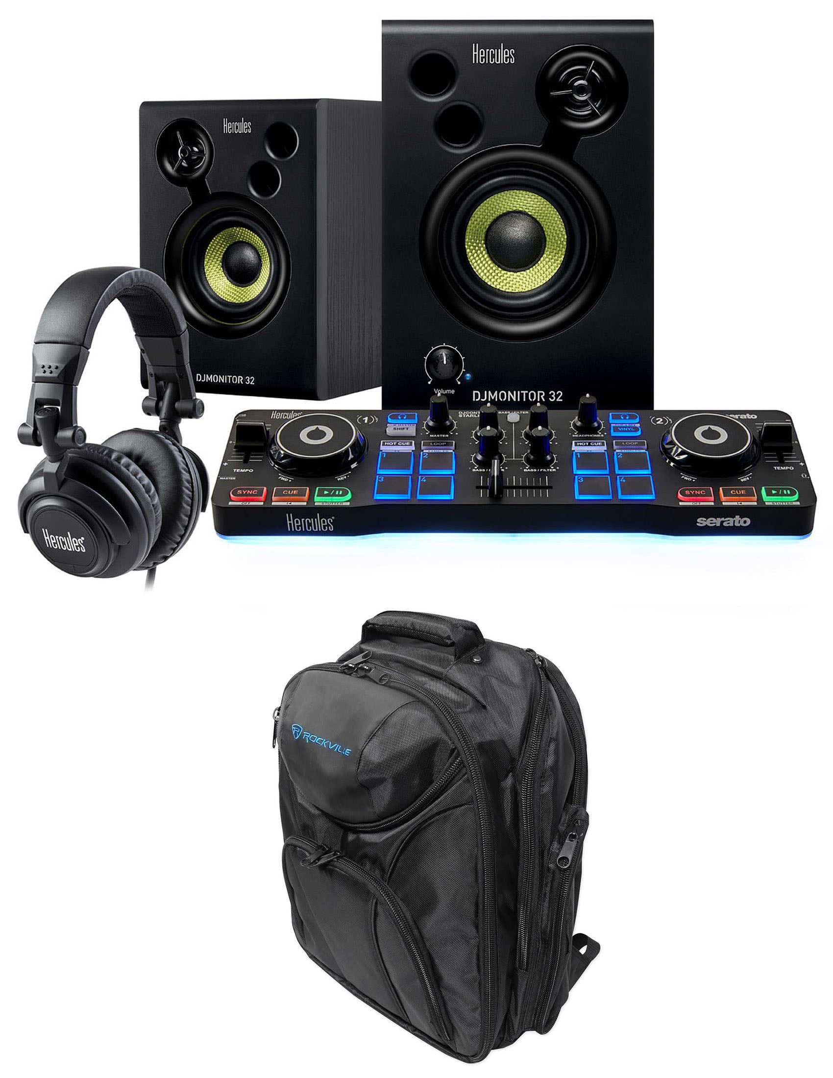 Hercules DJ Starter Kit w/DJ Controller+Monitors+Headphones+Software+Backpack