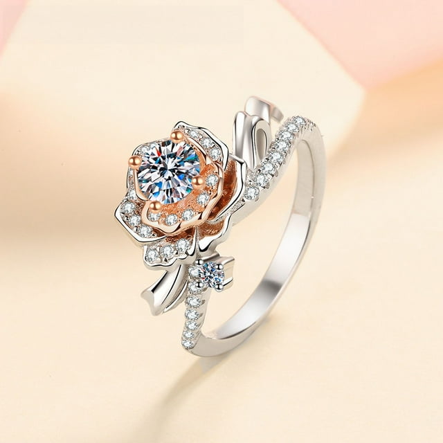 Anillo femenino de plata S925 con 50 moissanitas en color oro rosa 520, regalo de San Valentín